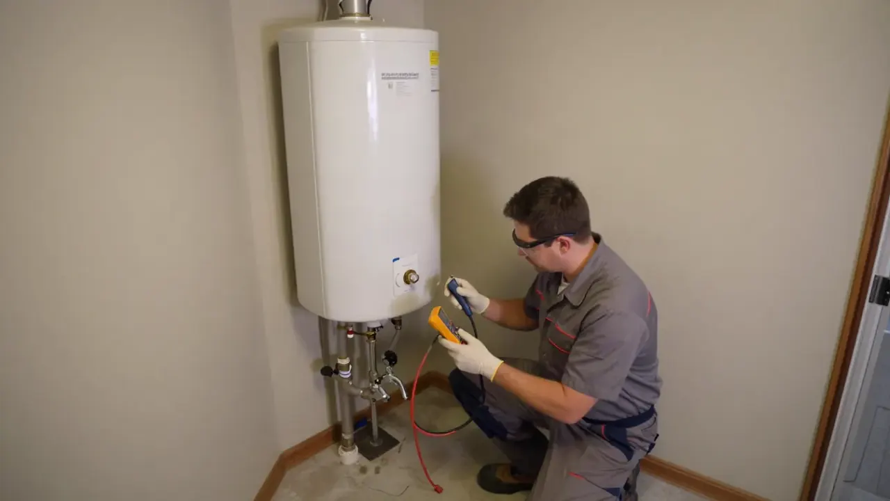 Water Heater Repair in Katy, Texas: wide shot of a licensed plumber explaining diagnostic findings to a homeowner in a