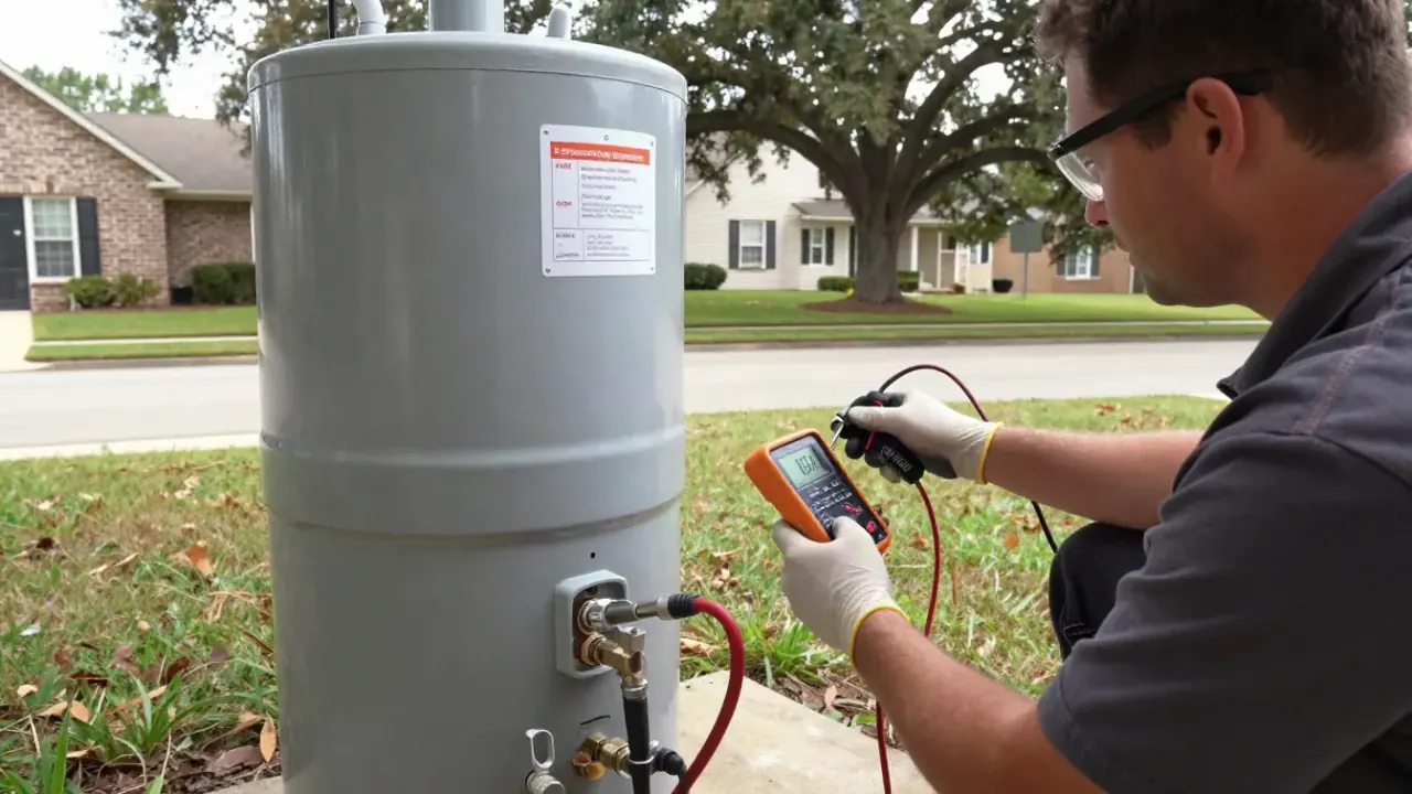 No Hot Water Diagnosis in Katy, Texas: licensed plumber observing the pilot light status through the inspection window of a