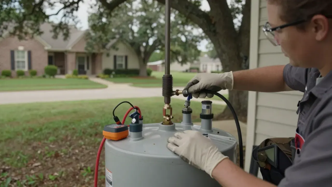 Water Heater Repair in Katy, Texas: close-up of a new anode rod being inserted into the top port of a conventional water
