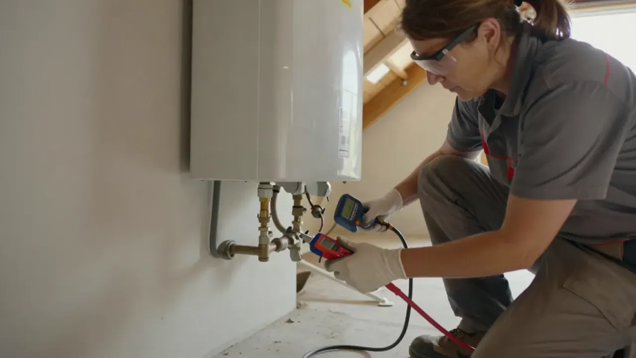 Water Heater Repair in Katy, Texas: close-up of a licensed plumber's hands using a gas leak detector near the gas line of a